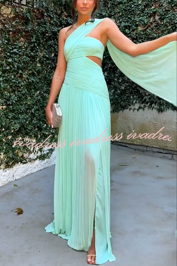 Vestido largo tipo capa de gasa con hombros descubiertos y abertura en la cintura, plisado, Forest Muse 