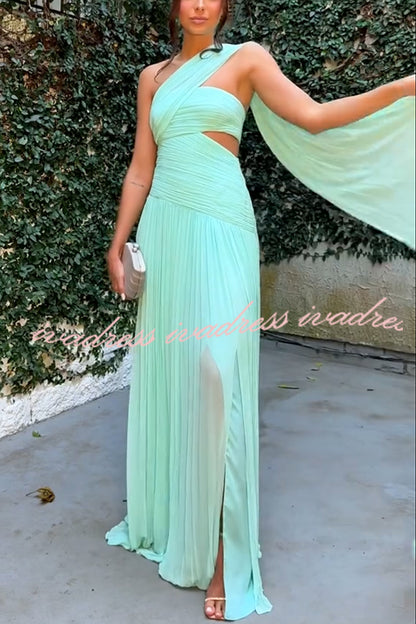 Vestido largo tipo capa de gasa con hombros descubiertos y abertura en la cintura, plisado, Forest Muse 