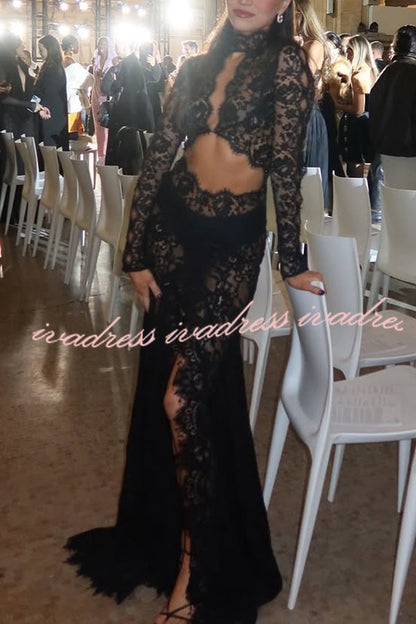 Vestido largo elástico de manga larga con aberturas y encaje transparente Dark Night Charm