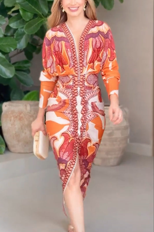 Brazilian Style Unique Print Dolman Long Sleeve Ruched Slit Midi Dress  Vestidos