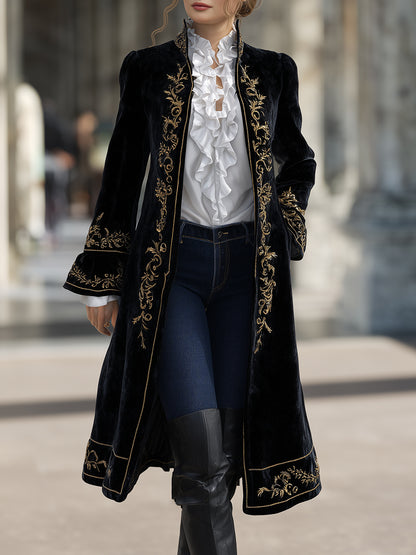 sheenchic Vintage Black Velvet Floral Embroidery Flare Sleeve Long Coat