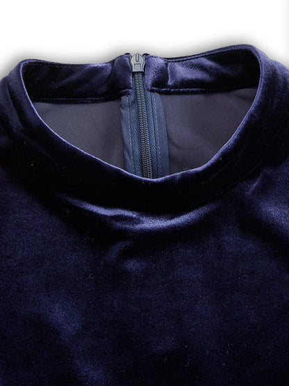 Party Navy Blue High Collar Long Sleeve Ruffled Casual Velvet Midi Dresses