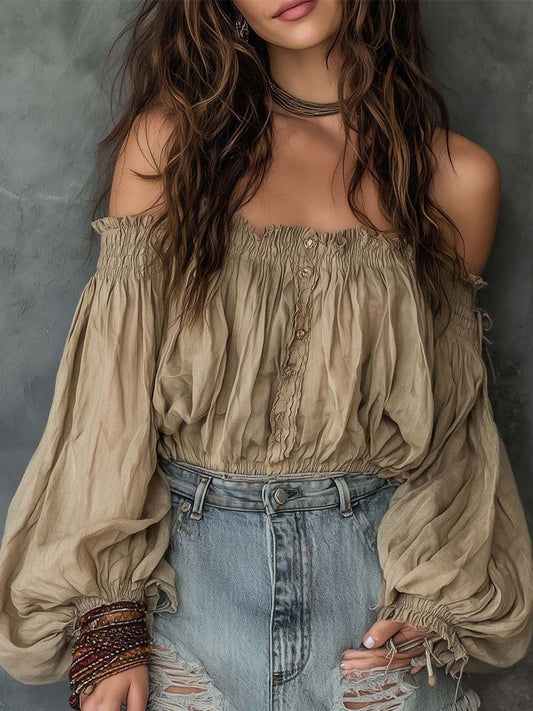 Bohemian Linen-Cotton Off-Shoulder Blouse