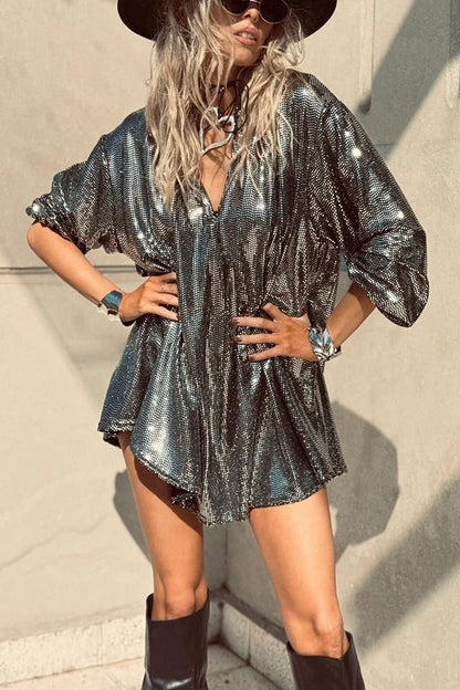 Party Queen Glitter Fabric V-neck Balloon Sleeve Loose Mini Dress