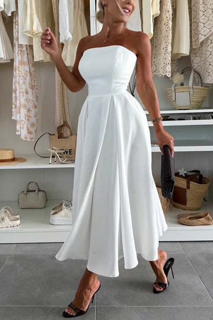 Sweet Cascade Solid Color Off Shoulder Pocket Full Hem Midi Dress