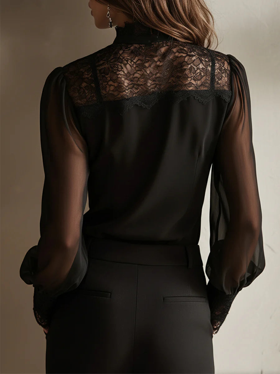 sheenchic Vacation Tulle Black High Collar Long Sleeve See Through Vintage Contrast Lace Blouses [Pre-Order]