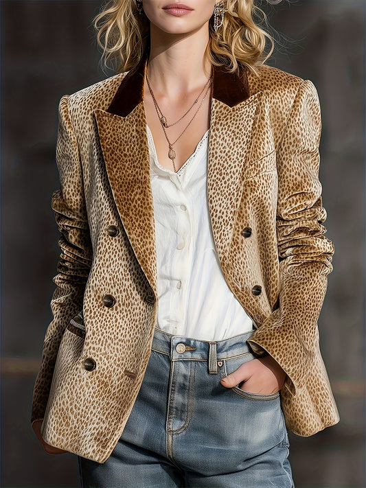 Daily Khaki Leopard Turndown Collar Long Sleeve Pocket Western Button Velvet Blazer