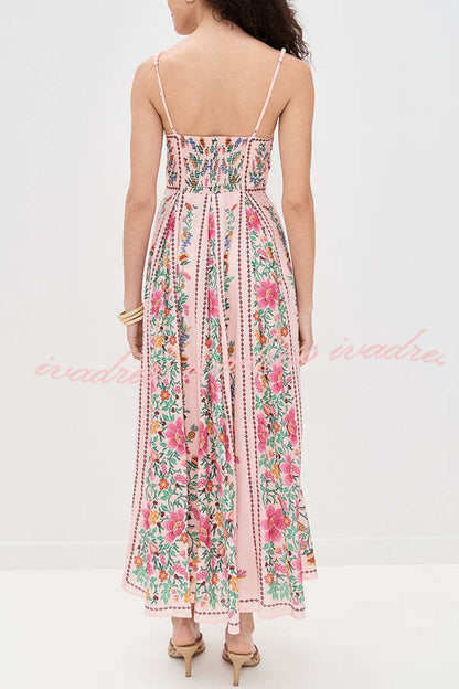 Linen Blend Delicate Forest Unique Print Sweetheart Neck Beaded Straps Maxi Dress