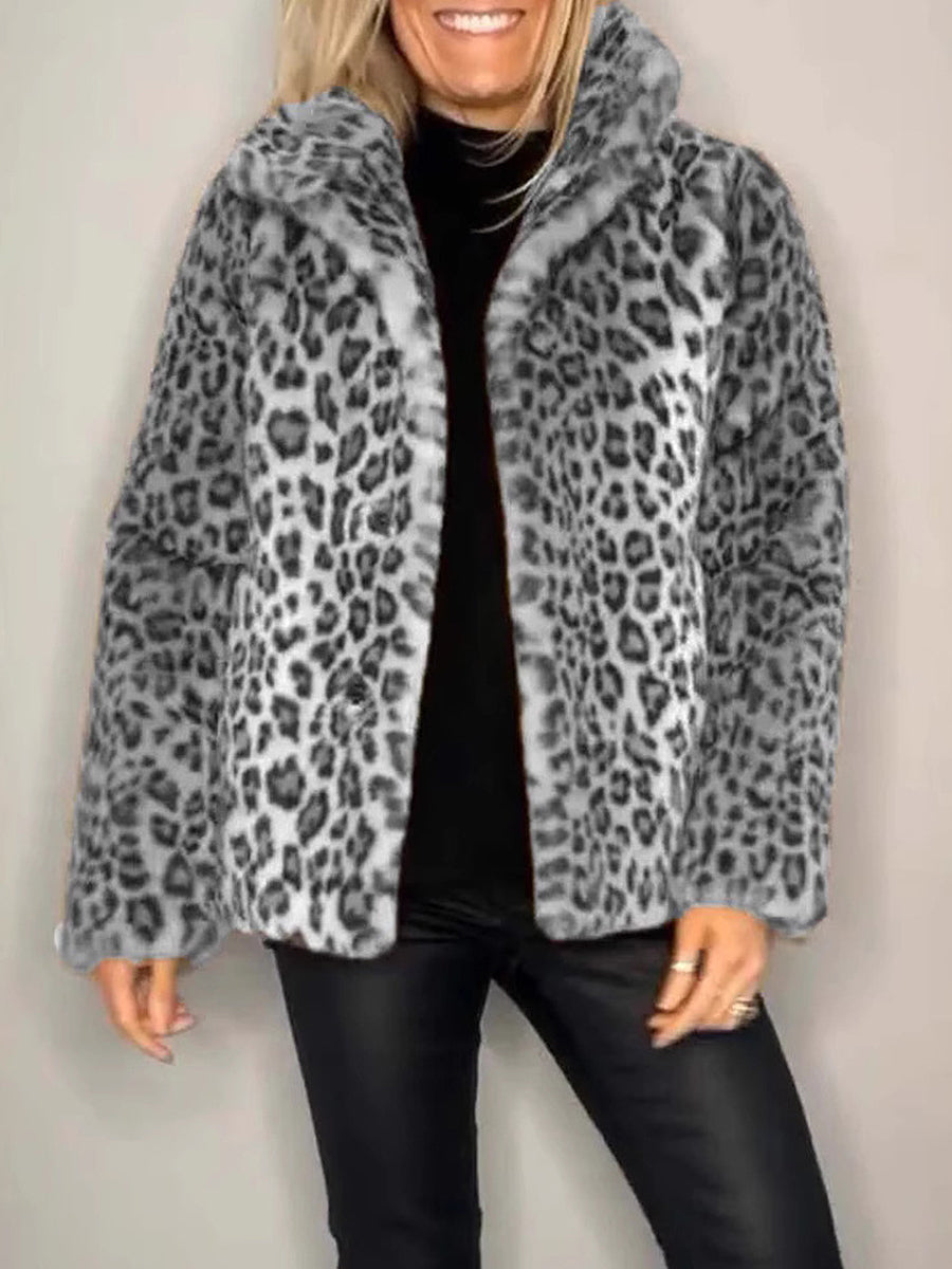 Daily Brown Leopard Turndown Collar Long Sleeve Vintage Faux Fur Coat