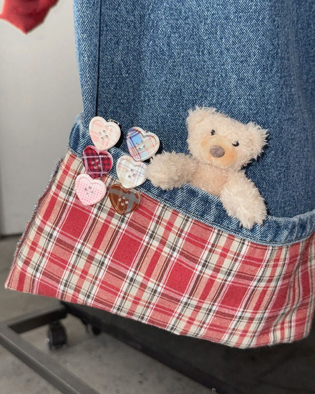 Check Patch Roll Up Denim Pants