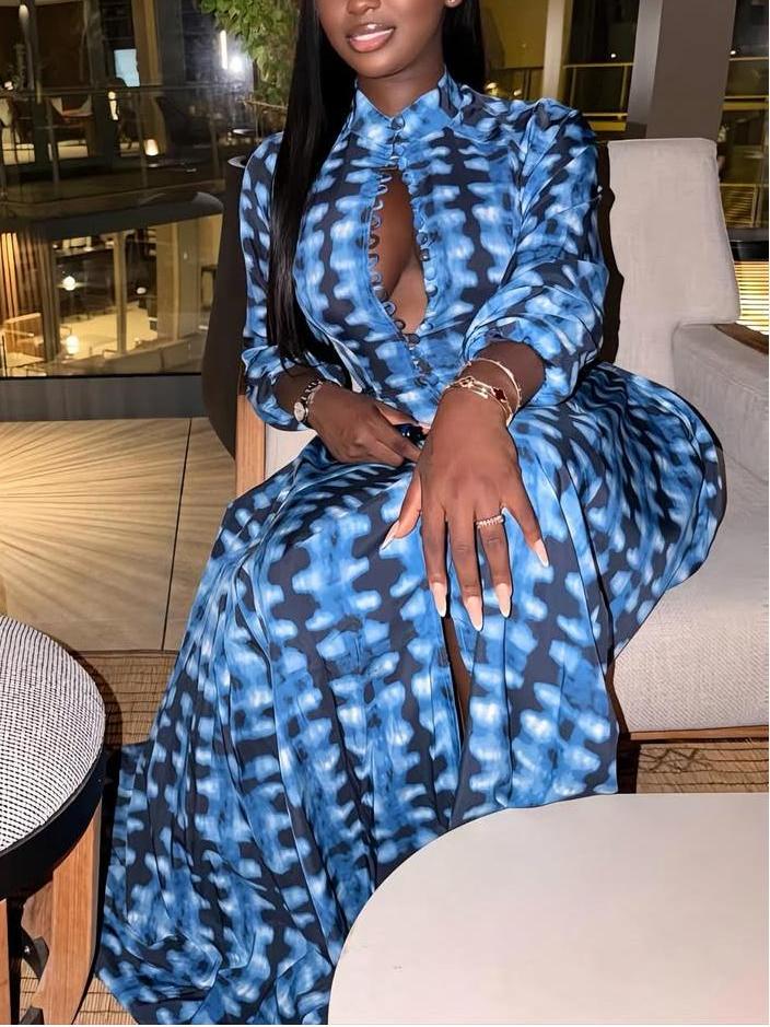 Blue Tie-Dye Button-Front Maxi Dress