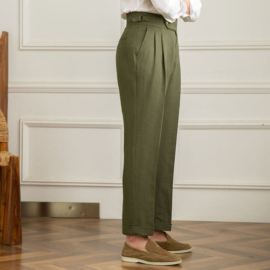 High Waist Pleated Trousers | Cotton Linen Blend | Straight Fit