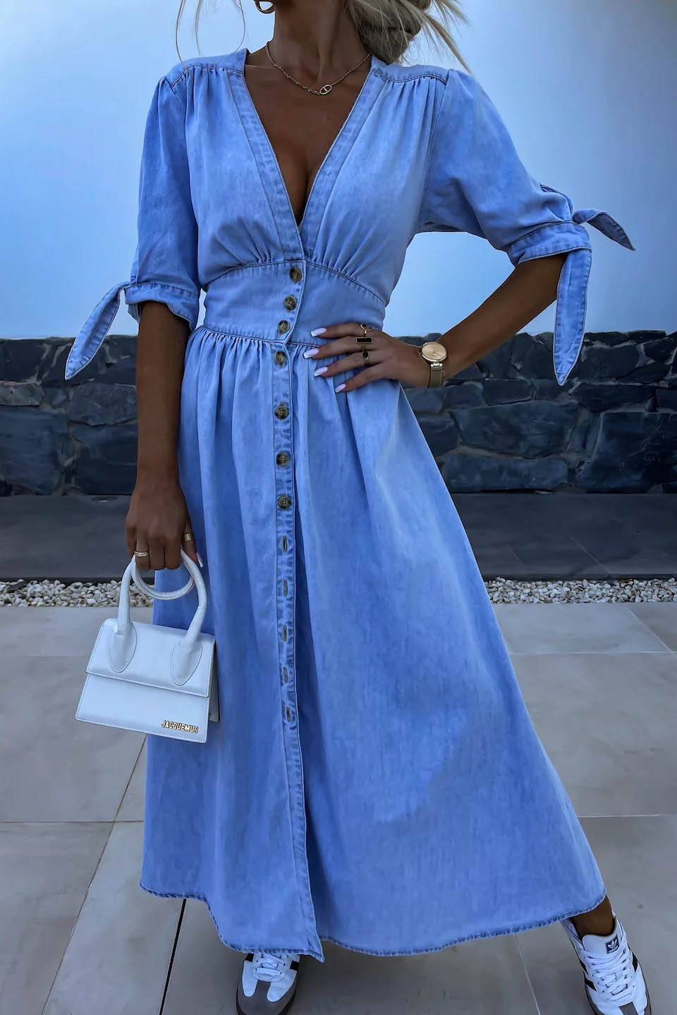 Minimalist V-Neck Buttoned Denim Gown