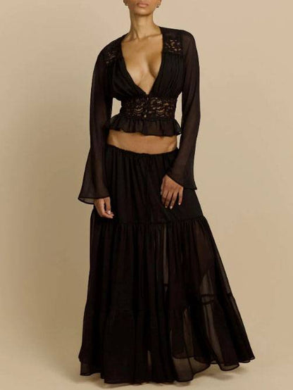 Bohemian Lace SPlicing Shirt And Skirt Set