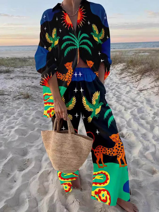 Classic Unique Sun Animal Print Casual Long-Sleeved Shirt Wide-Leg Pants Set