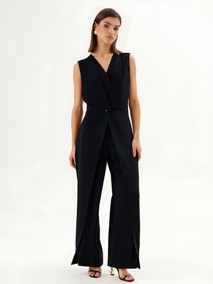 Black Sleeveless Wrap-Effect Wide-Leg Jumpsuit