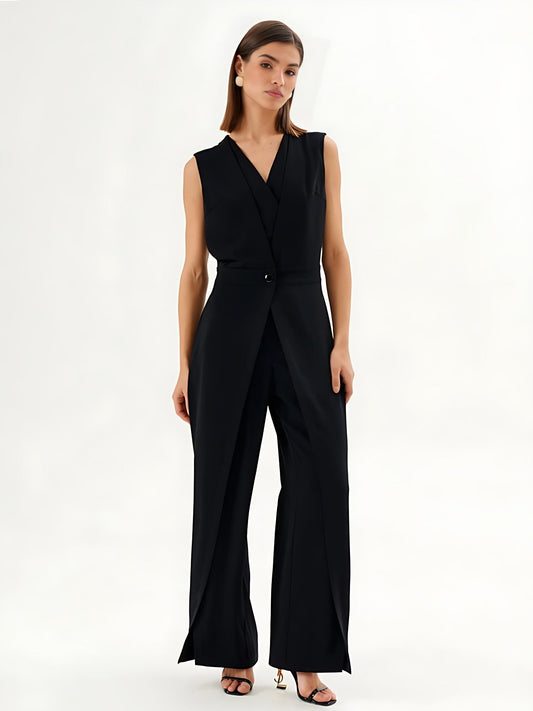 Black Sleeveless Wrap-Effect Wide-Leg Jumpsuit