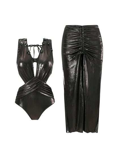 Black Sequin Appliqué Cutout Glossy Swimsuit