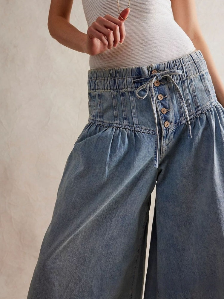 Pleated Waist Wide-Leg Tied Jeans