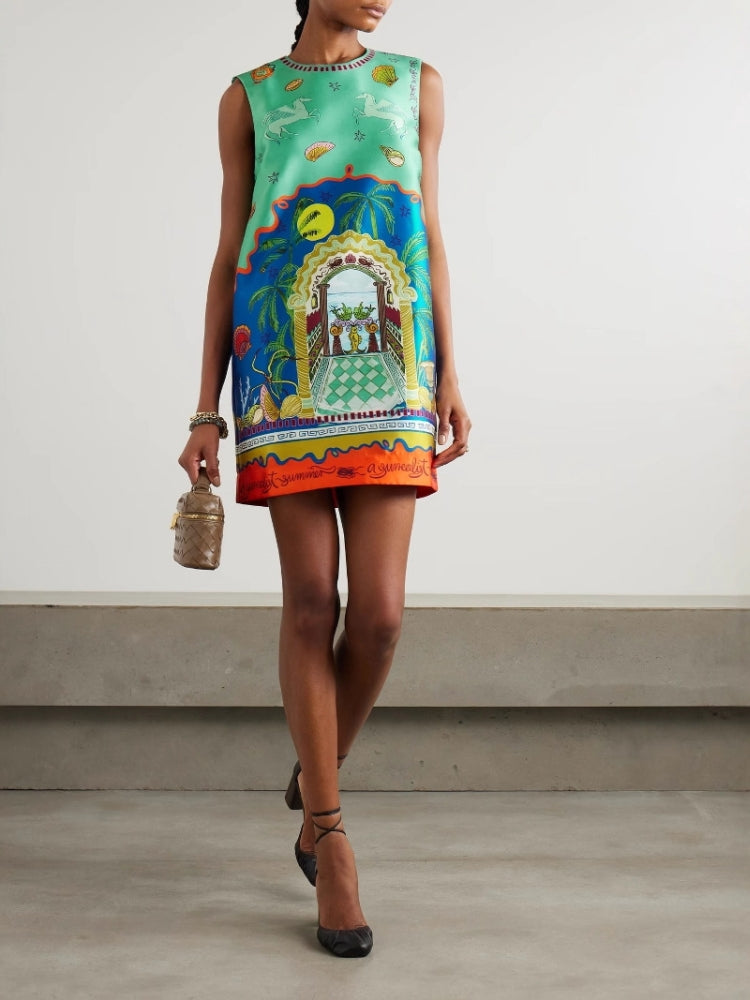 Botanical Print Satin Dress