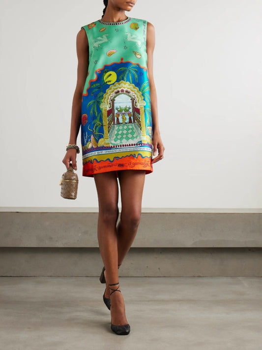 Botanical Print Satin Dress