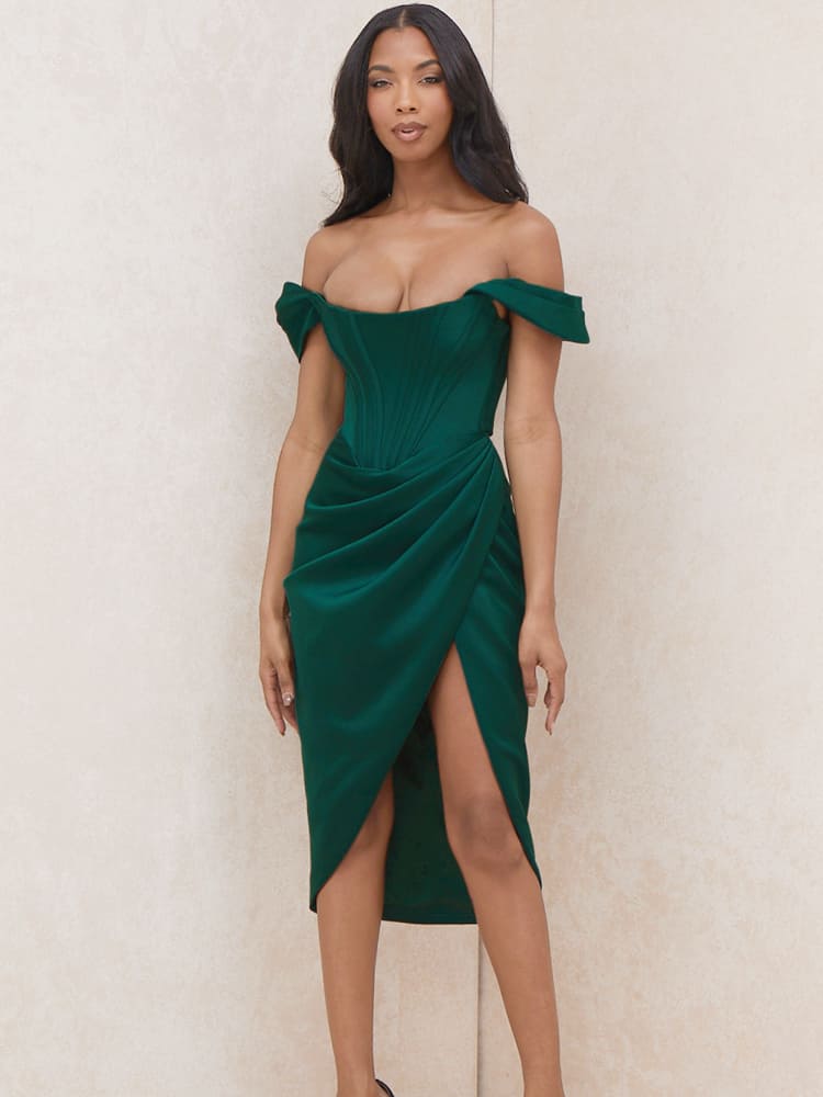 Cap Shoulder Corset Bodycon Midi Dress - Dark Green