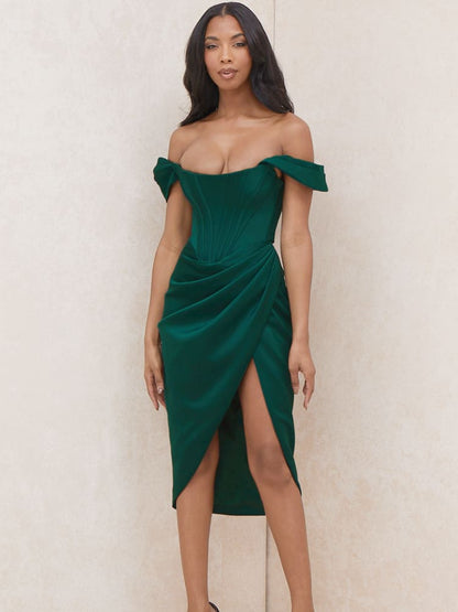 Cap Shoulder Corset Bodycon Midi Dress - Dark Green