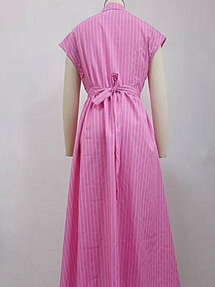 Striped Shirt-Collar Button Midi Dress