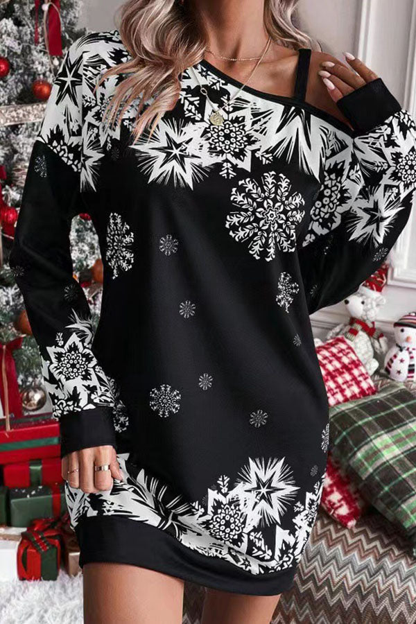 Vestido mini sudadera holgado con hombros descubiertos y copos de nieve navideños 