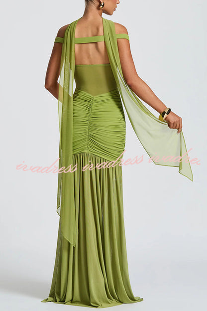 Raise The Level Mesh Off Shoulder Ruched Scarf Stretch Maxi Dress