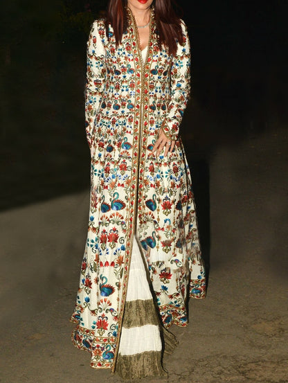 Ethnic Flamingo Allover Pattern Long Sleeve Floor Length Coat