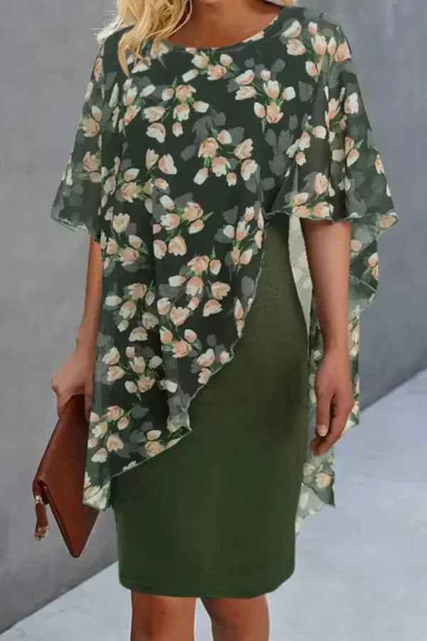 Vestido mini informal de cuello redondo con estampado floral de gasa