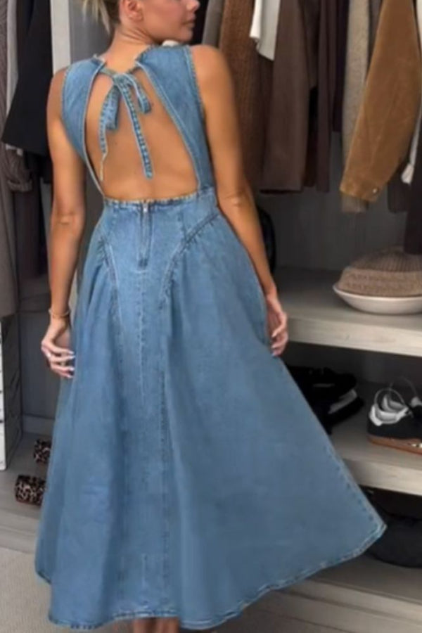 Vestido midi de mezclilla elástico, clásico y elegante, con espalda abierta y lazo en la cadera.