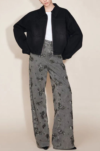 Jhenie Denim Beaded Sequin Floral Pattern Mid Rise Pocket Wide Leg Jeans