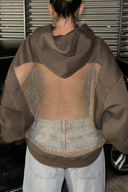 Sudadera con capucha, manga larga, holgada, de malla brillante y moderna, con espalda hueca 