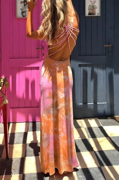 Summer Adventures Tie-dye Print Back Lace-up Stretch Maxi Dress