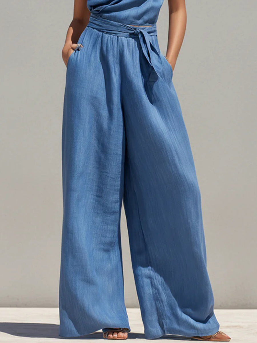 sheenchic Daily Blue One Shoulder Pocket Casual Two Piece Pant Sets [Pre-Order]