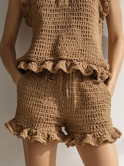 Camel Crochet Ruffle Knit Sleeveless Polo Top Drawstring Shorts Set