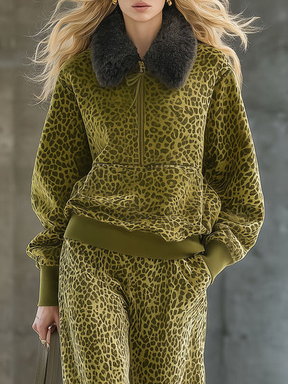 High-end Fashionable Leopard Print Velvet Faux Fur Collar Sweatshirt Wide-leg Pants Suit