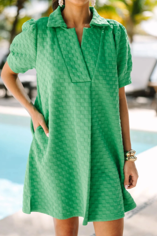 Bright Green Textured Checkered Puff Sleeve Pocket Shirt Dress