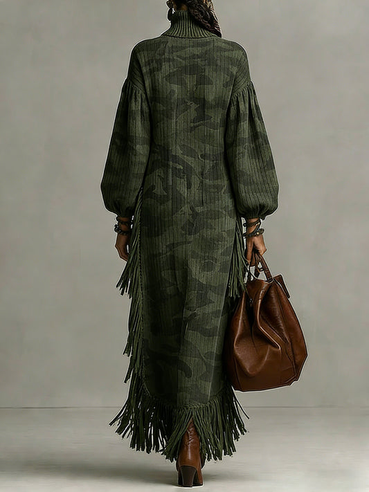 sheenchic Daily Army Green Camo High Collar Lantern Sleeve Long Sleeve Strappy Vintage Pocket Maxi Dresses [Pre-Order]