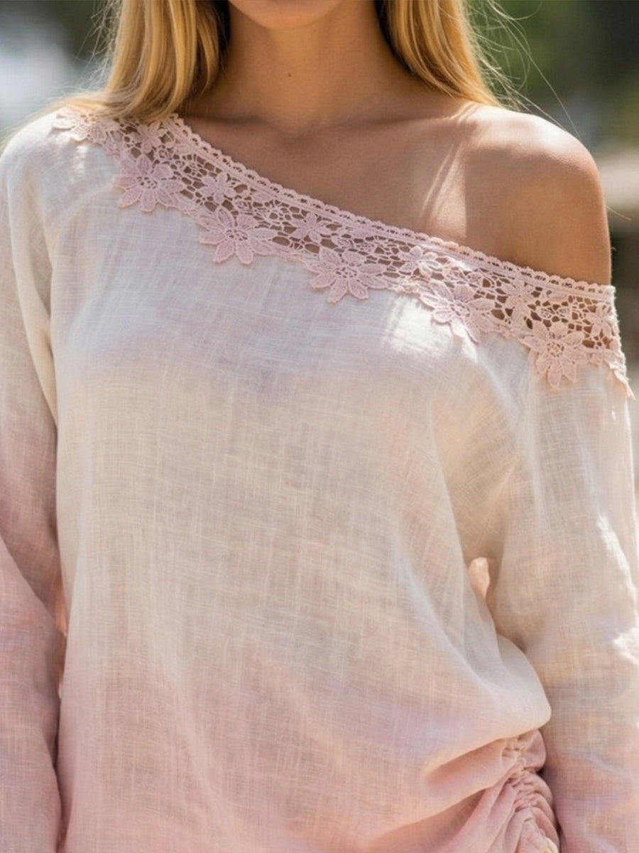 sheenchic Daily Pink Oblique Collar Long Sleeve Ruched Casual Lace Blouses [Pre-Order]