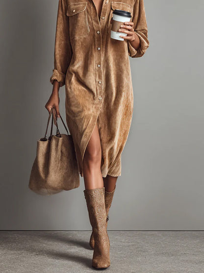 Daily Brown Shirt Collar Long Sleeve Split Casual Pocket Corduroy Midi Dresses