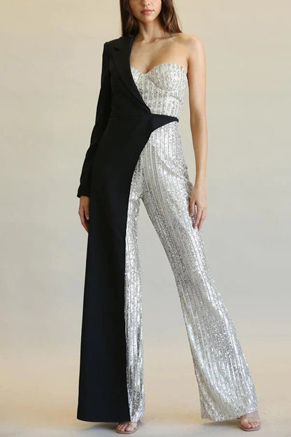 Fashionable Sequined Patchwork One-sided Long-sleeved Asymmetrical Jumpsuit