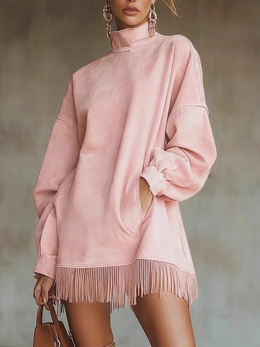 Festival Pink High Collar Lantern Sleeve Long Sleeve Strappy Western Chamois Mini Dresses