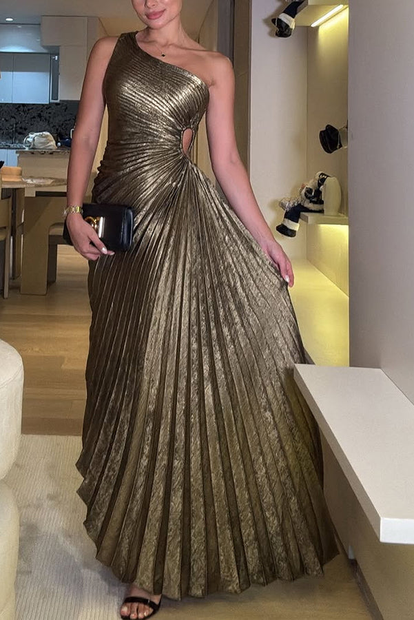 Vestido largo plisado con un hombro descubierto y tejido metalizado Midnight Kiss 