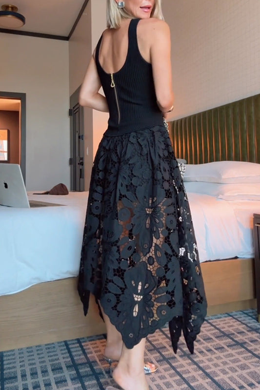 Vestido midi asimétrico Atlas de punto acanalado y encaje de guipur con cremallera en la espalda