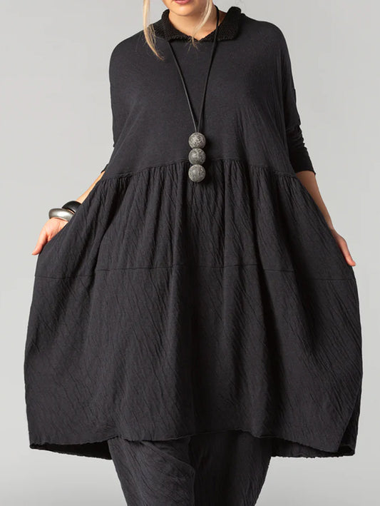 Casual Textured Plain Doll Collar Long Sleeve Midi Dress