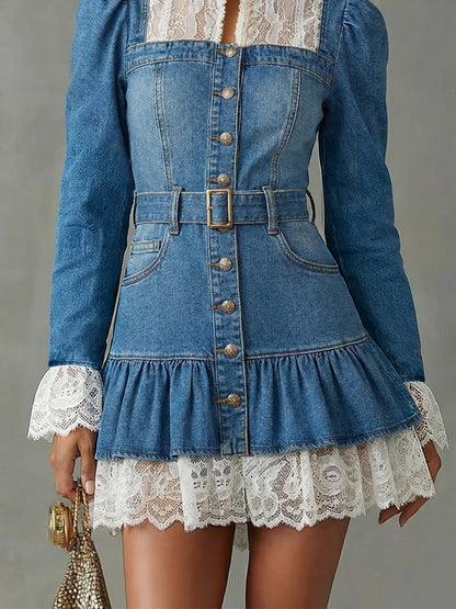sheenchic Vacation Lace Blue Mock Neck Long Sleeve Pocket Boho Contrast Denim Mini Dresses [Pre-Order]