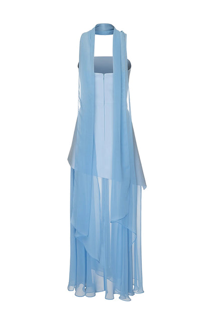 Vestido largo Monaco con hombros descubiertos, estructurado, de gasa y bajo con abertura 